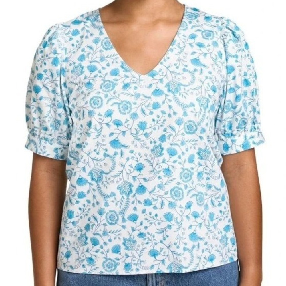 Draper James Blue‎ White Floral V-Neck Puff Sleeve Blouse Size M NEW Cottagecore